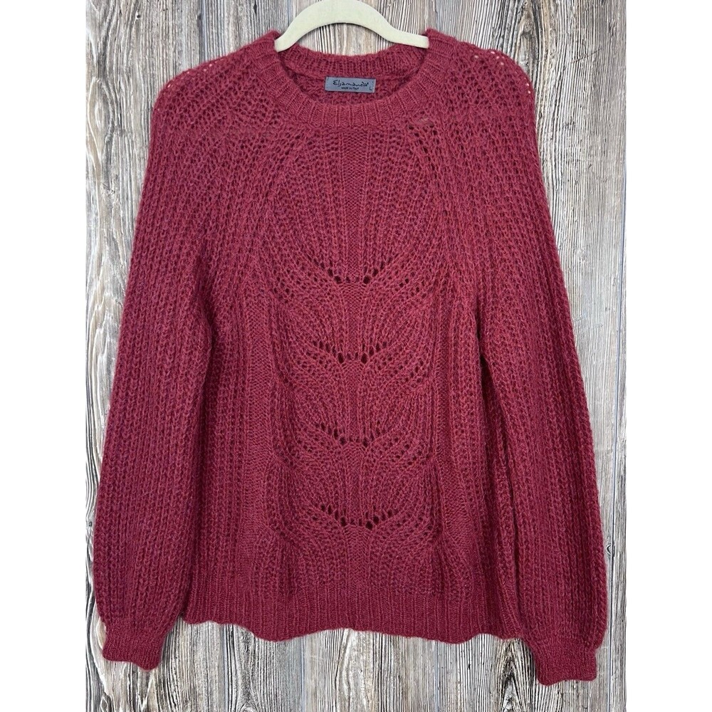 Elsamanda Alpaca Blend Burgundy Chunky Fuzzy Knit Sweater L Italy Cozy Boho Chic
